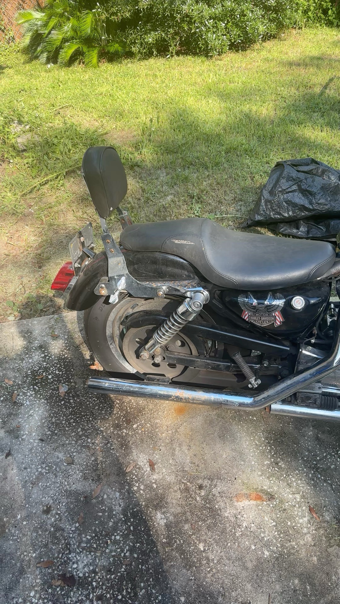 Worn Harley-Davidson XL1200C Sportster with corroded exhaust in a back yard